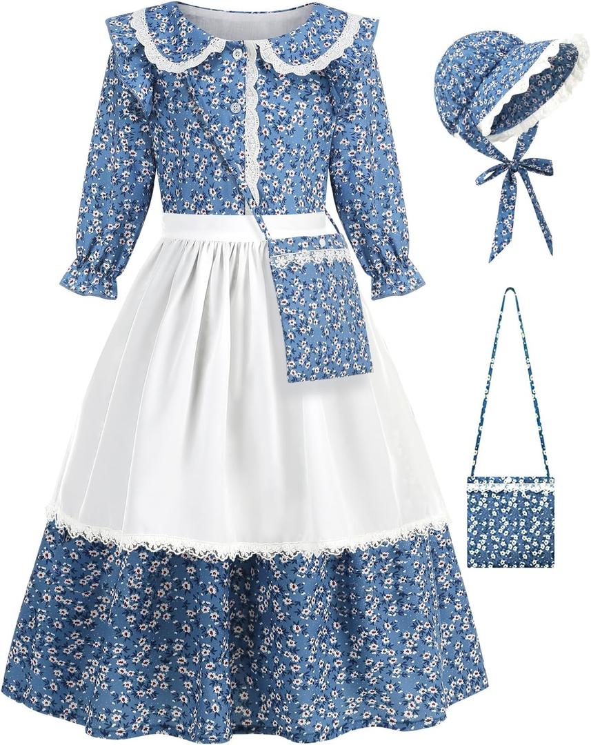 Aoiviss Girls Pioneer Costume Floral Colonial Prairie Dress for Little Kids with Apron and Bonnet (Blue), Size 5