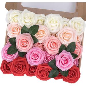 MACTING Artificial Rose Flowers 30PCS Fake Flowers with Stem Real Touch Soft Foam Rose for Valentines Day Gifts Wedding Bouquet Baby Shower Table Centerpieces Spring Decorations,Gradual Red Series