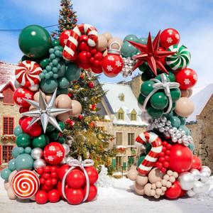 DBKL Christmas Balloon Garland Arch Kit with 160Pcs Red Green Silver and Peach Nude Balloon, Cane Candy Foil Balloons, Silver Starburst Balloons for Christmas Party Decorations