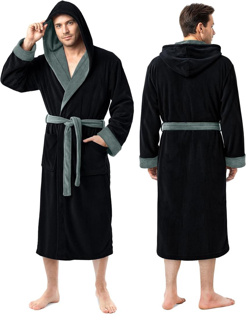 NY Threads Mens Robe with Hood, Luxury Plush Fleece Hooded Mens Bathrobe, Spa Bath Robe for Men, Small-Medium (Pack of 1), Black and Steel Grey