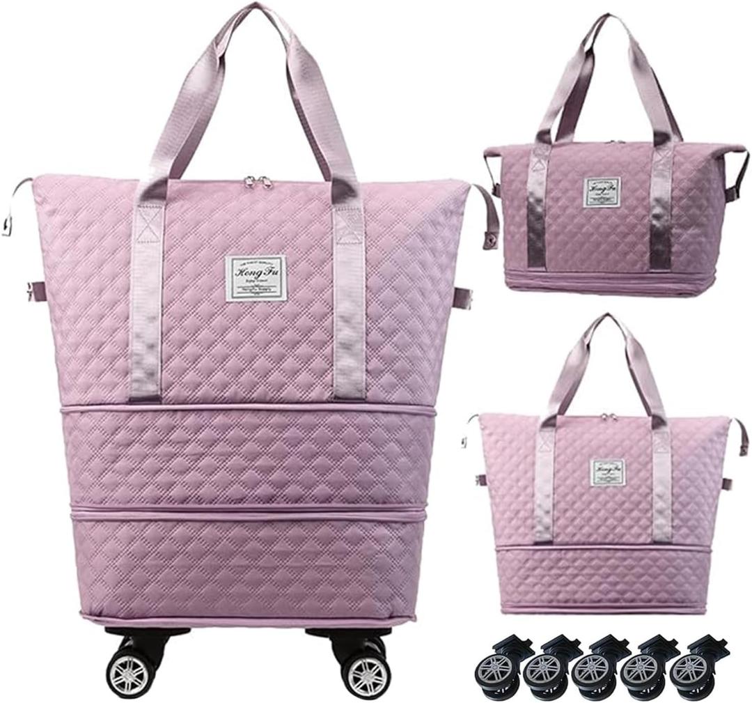 Expandable Foldable Wheeled Travel Duffle Bag - Detachable Rolling Wheels Carry On Gift (Pink)