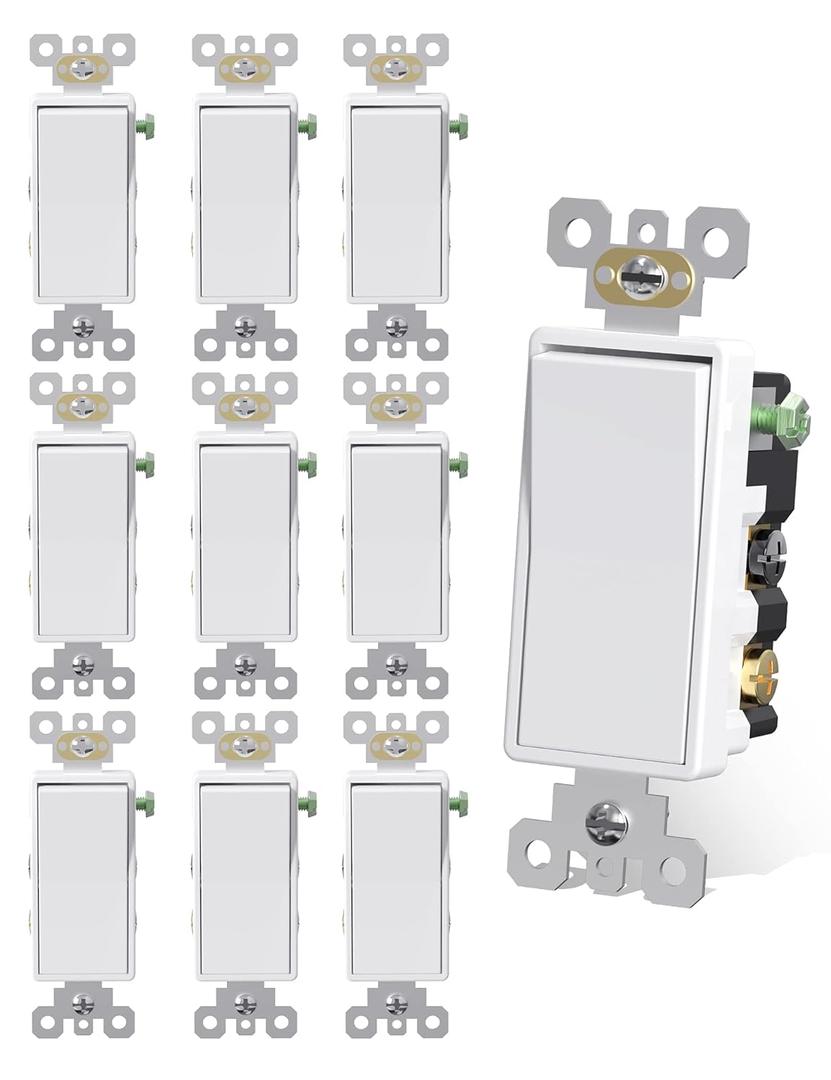 AIDA 4 Way Switch Decorative Light Switch, 15Amp, 120/277 Volt, 4 Way Decorative Light Rocker Switch Replacement, Self-Grounding, Residential and Commercial Grade, UL Listed (10 Pack, Glossy White)