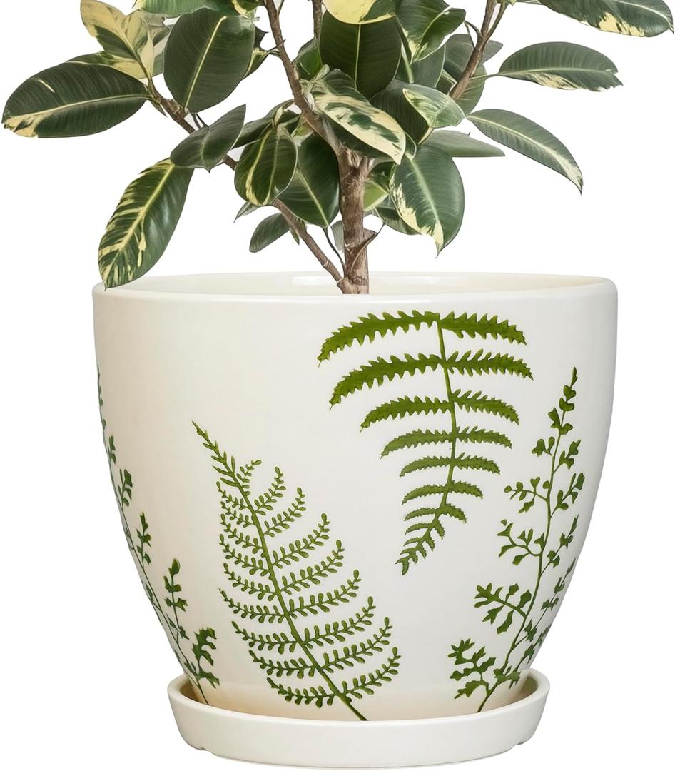 Ceramic Planter - 10 Inch Plant Pot for Outdoor Flowers with Drainage Hole and Saucer, Boho Round Decorative Indoor Flower Pot, Gifts for Plants Lovers, Home Patio Garden Room Decor, White (Fern Leaves White)