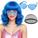 PLULON Blue Wavy Bob Wigs with Bangs Heart Sunglasses Hair Cap for Women, Colored Synthetic Hair Short Bob Loose Curly Shoulder Length Wigs for Costume Bachelorette Party Music Festival