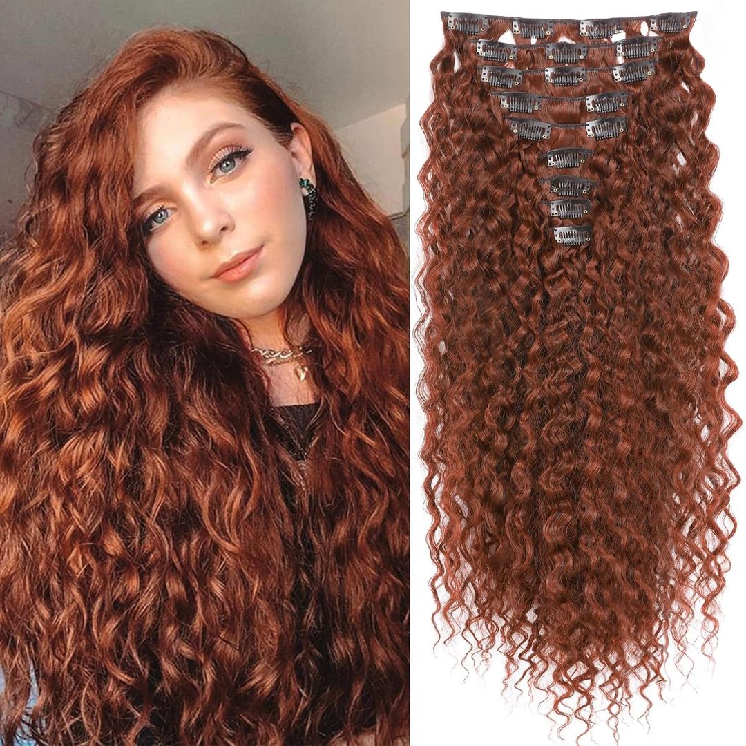Hair Extension, LONAI 9PCS Clip in Hair Extensions, LN002 22" Long Curly Thick Heat Resistant Synthetic Soft Deep Wave Hairpieces for Women-Copper Red