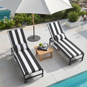 Outdoor Chaise Lounge Cushion Set of 2 with Head Pillow and Side Pockets, Water Repellent & Weather Resistant Patio Recliner Lounge Chair Cushions for Lawn, Pool & Beach (Black Stripe, 80" x 23")