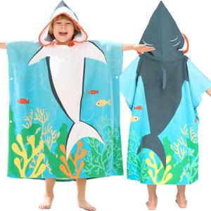 Joiedomi Kids Beach Towels with Hood for 3-10 Years Boys Girls Shark Hooded Toddler Bath Towel Poncho Absorbent Quick Dry Soft Microfiber Swim Robe with Backpack Lightweight 30"x30" for Beach Pool