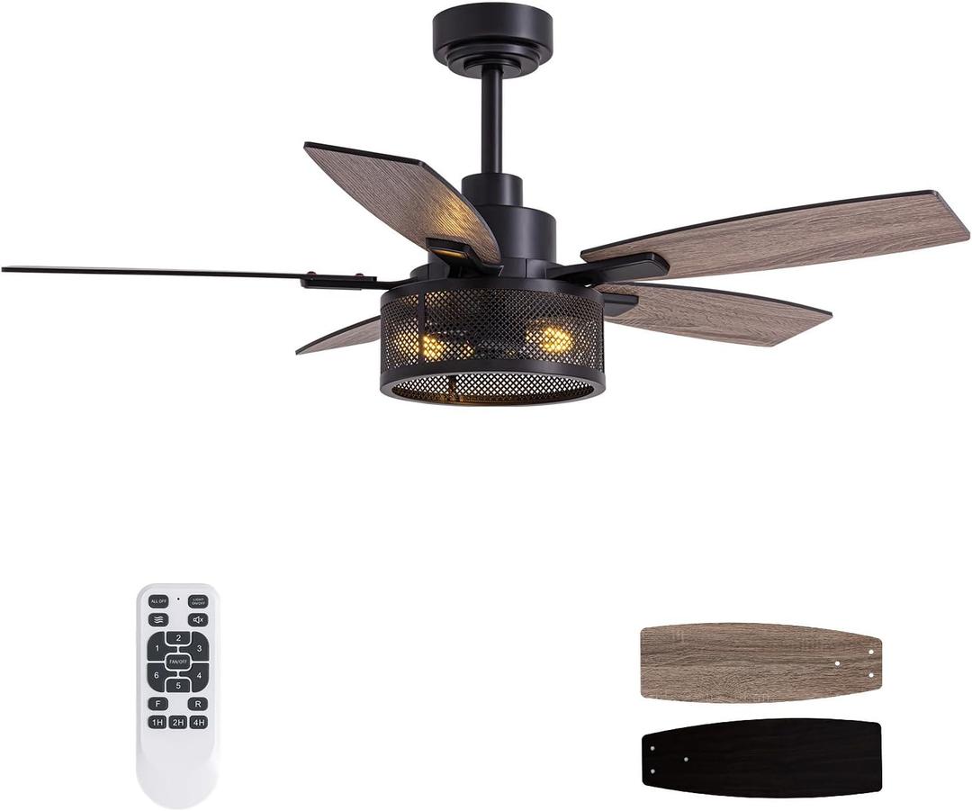 46 Inch Ceiling Fans with Lights and Remote Control, Farmhouse Ceiling Fan for Bedroom Living Room and Patio, Black Caged Ceiling Fan for Indoor and Outdoor