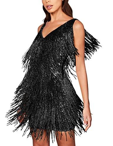 Sequin Cocktail Dresses Flapper Dresses 1920s Gatsby with All-Over Fringe Mini Dresses Prom Party Dress(Black,l) Size L