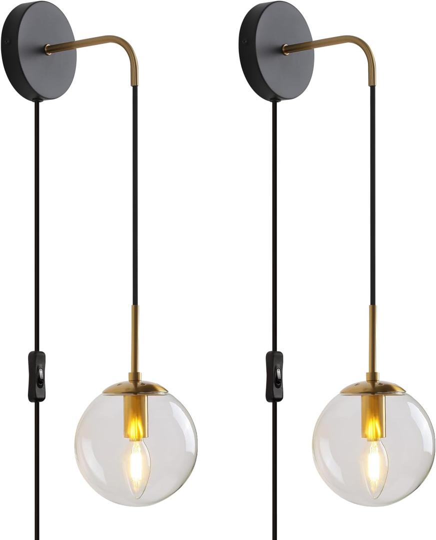 KUZZULL Wall Sconces Set of Two Black and Brass Plug in Wall Sconces Set of 2 with Globe Clear Glass Shade Wall Lights Wall Lamps for Bedrooms Sconces Wall Decor Set of 2 with Plug in Cord Switch, 29in