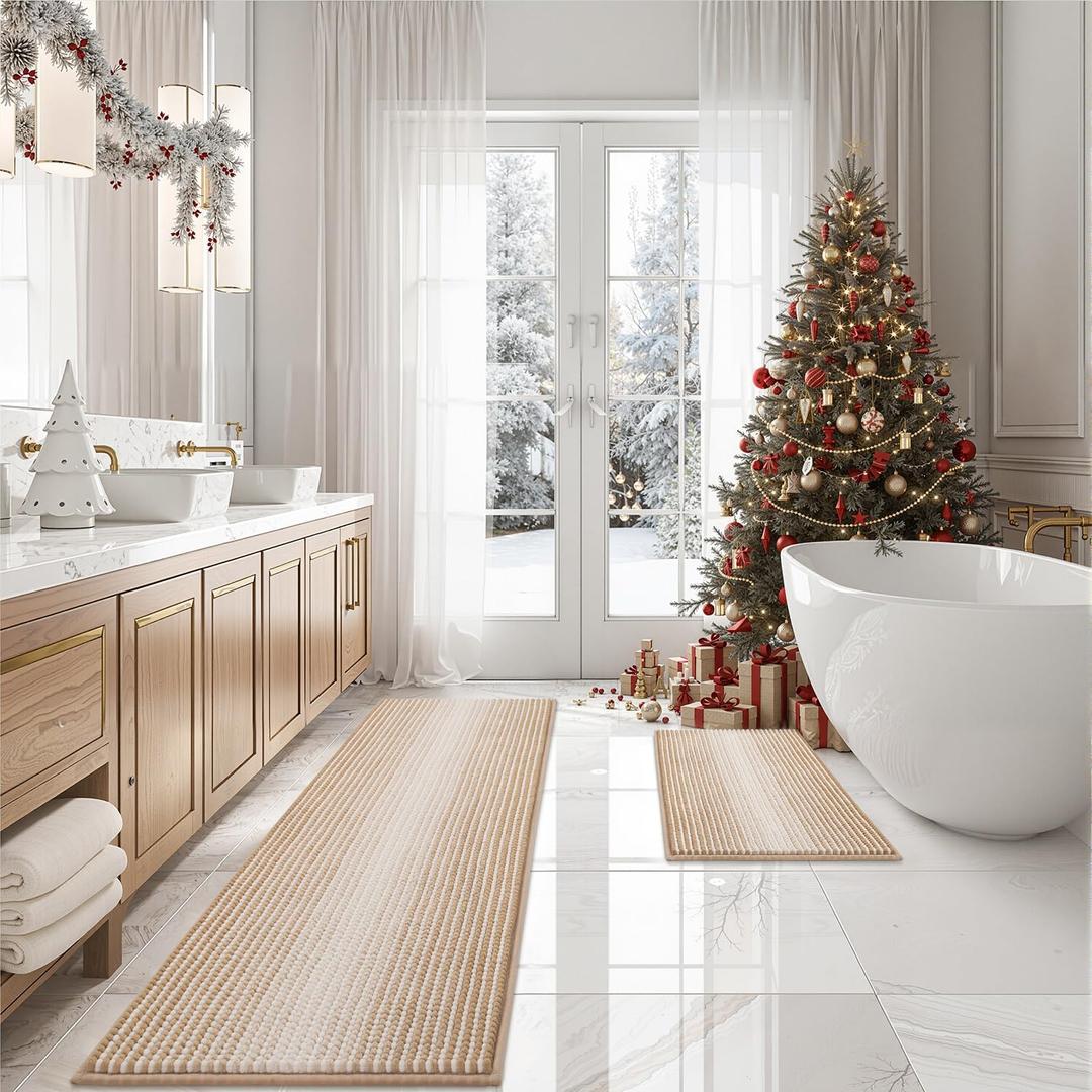 BSICPRO Bathroom Rugs and Mats Sets, 2 Piece Thick Absorbent Chenille Bath Mat Rug Set Non Slip, Soft Shaggy Bath Room Floor Mats for Bathroom, Machine Washable (Beige, 20" x 60" Plus 20" x 32")