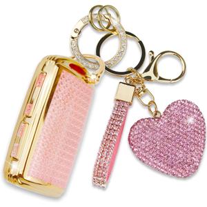 Key Fob Cover with Diamond Keychain, Car Key Shell for Women, Compatible with 2019-2022 Mazda 3 Hatchback 2020-2022 CX-5, CX-30, CX-10 (3 Buttons-Pink Heart)
