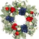 22IN Spring Summer Wreath Patriotic Wreath with Dahlia, Peony, Eucalyptus Leaves. Ivy for Front Door Wall Decor Indoor Outdoor