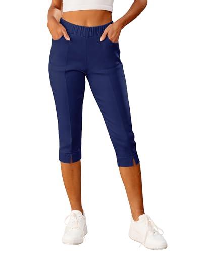 GRAPENT Capri Pants for Women Dressy Dress Capris Elastic Pants for Women Ladies Capris with Elastic Waist Skinny Work Split Trouser Capri Pant Navy Blue Size Medium Size 8-10