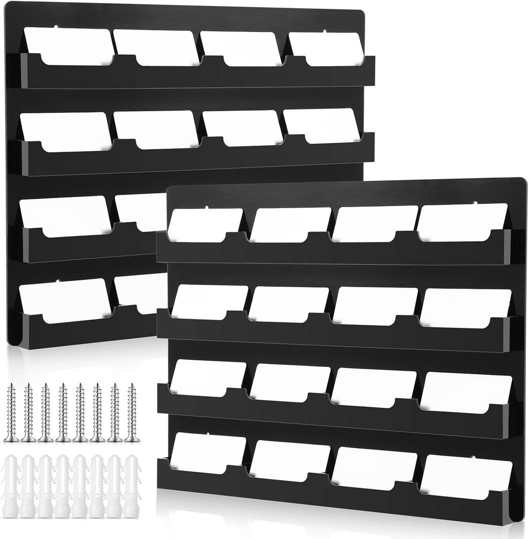 Geelin 2 Pcs Business Card Holder Wall Mount 16 Pocket Black Acrylic Business Card Display Holder with Hanging Hardware Vertical Sticker Display Rack Organizing Stand for Office Home(Horizontal)