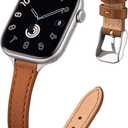 STIROLL Slim Leather Bands Compatible with Apple Watch Band 38mm 40mm 41mm 42mm, Top Grain Leather Watch Thin Wristband for iWatch Ultra SE Series 10 (Brown with Silver)
