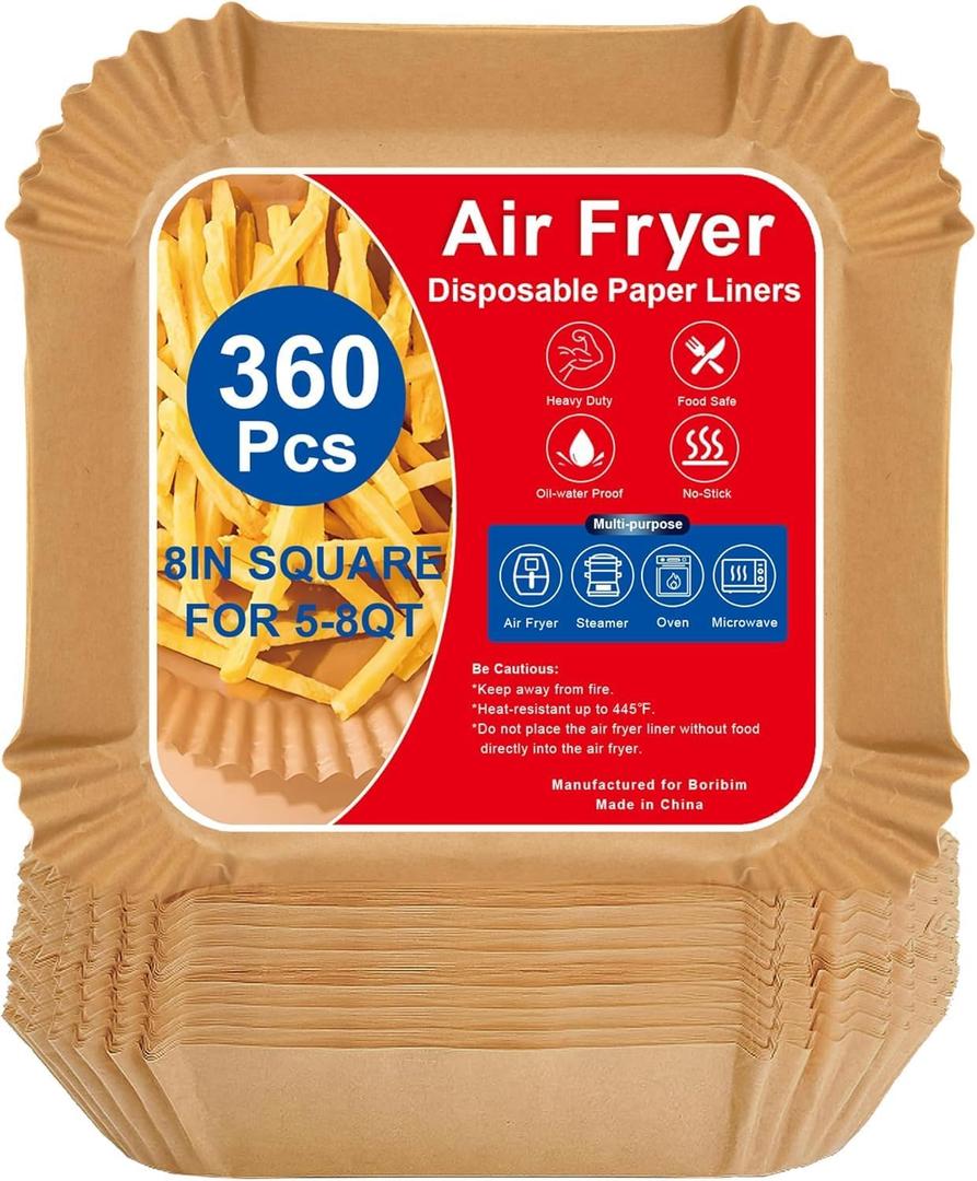 Boribim 8 Inch Air Fryer Paper Liners, 360 PCS Square Air Fryer Disposable Liners - AirFryer Accessories - Non-Stick and Oil Proof Air Fryer Parchment Paper Liners for 5-8QT Basket Oven Microwave