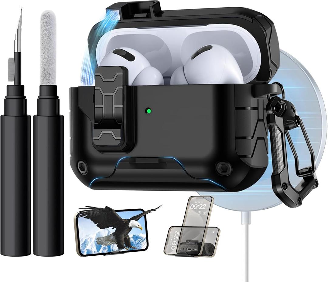 Lerobo for AirPods Pro 3 Case,Compatible with Apple Airpod Pro Case 3rd Generation with Phone Stand, Magnetic Lock & Cleaner Kit - Shockproof Hard Protective Cover Compatible with MagSafe,Black