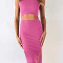 PRETTYGARDEN Women's Summer Midi Bodycon Dresses Casual Crew Neck Side Slit Sleeveless Knit Cut Out Tank Top Dress (Pink, L)