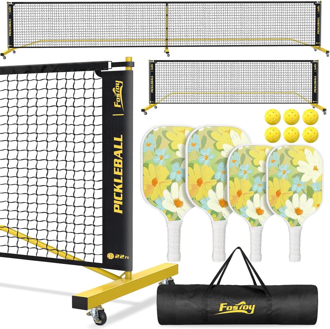 Pickleball Net Set with 4 Fiberglass Paddles, Portable Pickleball Set with 4 Fiberglass Paddles, 6 Balls & Carry Bag, Easy Setup for Driveway, Garage, Kids & Adults