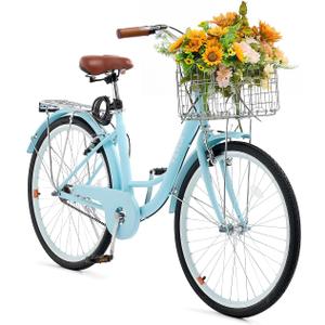 VEVOR Women Bike, 7-Speed and 1-Speed, 24-26 Inch Pink and Light Blue Beach Cruiser Bike, with Large Capacity Basket and Rear Rack, Adjustable Seat, Fits for Cycling, Exercise & Shopping