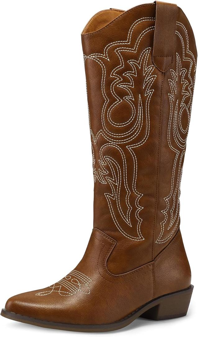 mysoft Women's Cowboy Boots Mid Calf Cowgirl Embroidered Western Pointed Toe Chunky Heel Pull On Knee High Boots (6.5, Brown)