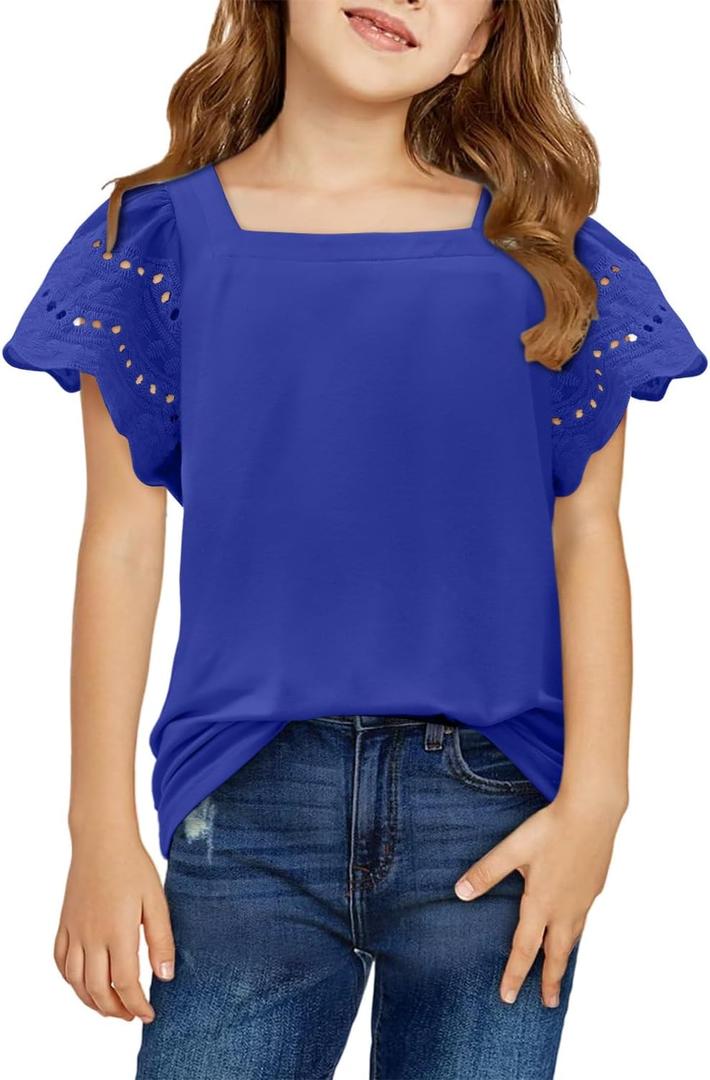 Yoklass Girls Casual Shirts Square Neck Ruffle Sleeve Tops Solid Loose Blouses (Blue, XXL)