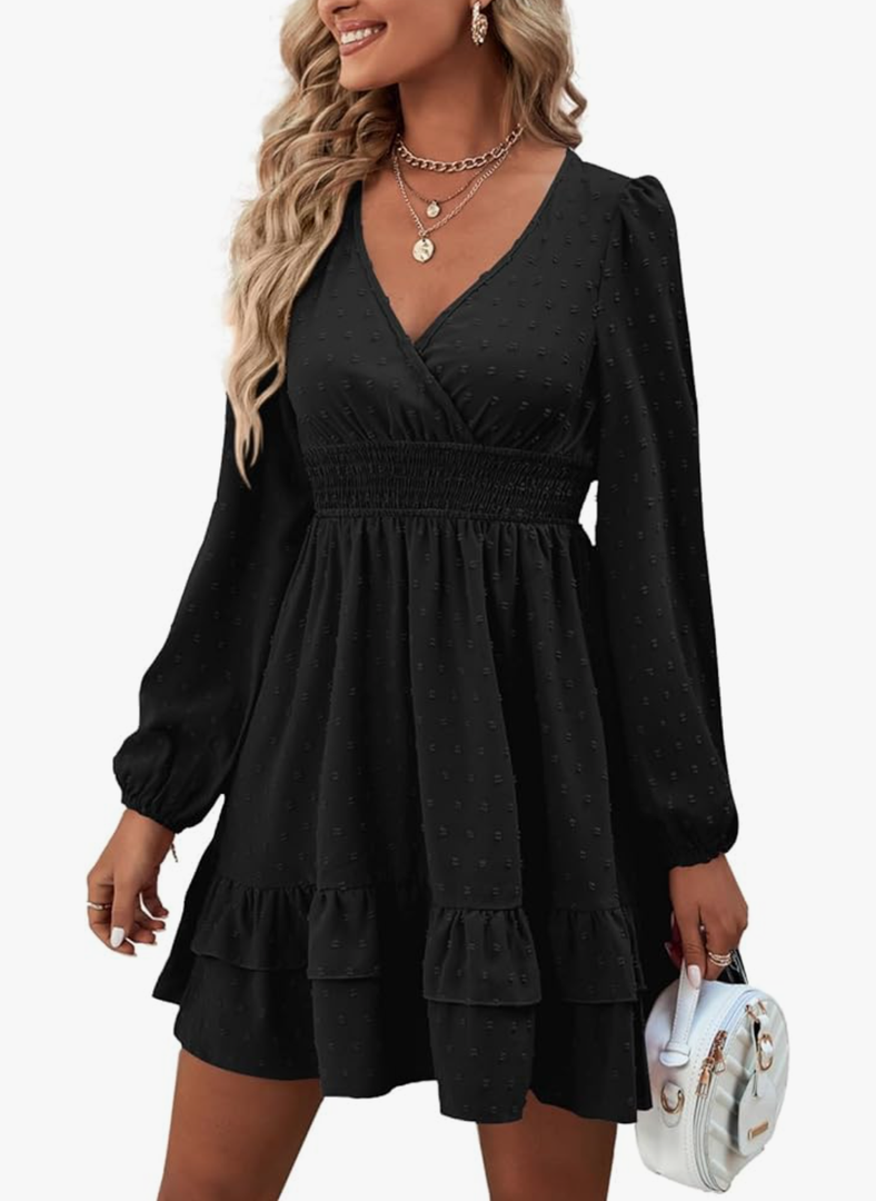 Rooscier Women's Wrap V Neck Swing Ruffle Swiss Dots Long Sleeve Mini Dress Size S