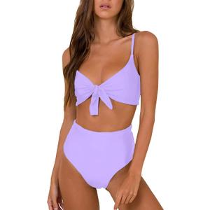 Honlyps High Waisted Bikini Sets for Women Tummy Control 2 Piece Swimsuit Cheeky Coverage Bathing Suit Tie Knot Swim Suit (Large, Light Purple)