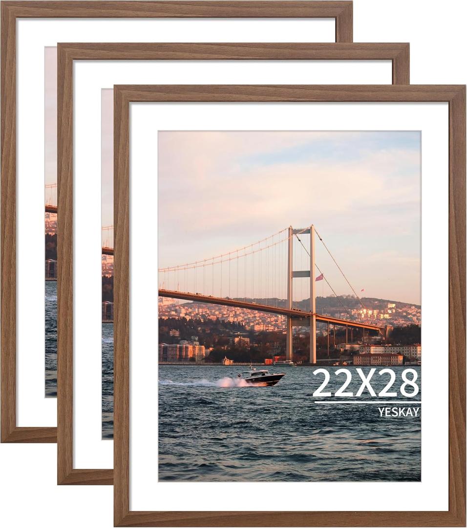 YESKAY 22x28 Picture Frame Brown Set of 3, Display Pictures 18x24 with Mat or 22 x 28 Without Mat, Poster Frames 22x28 for Wall Hanging Horizontal and Vertical