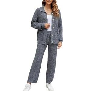 Cakulo Womens 2024 Lounge Sets 2 Piece Outfits Fall Button Sweater Matching Set Wide Leg Loungewear Sweatsuits Blue L