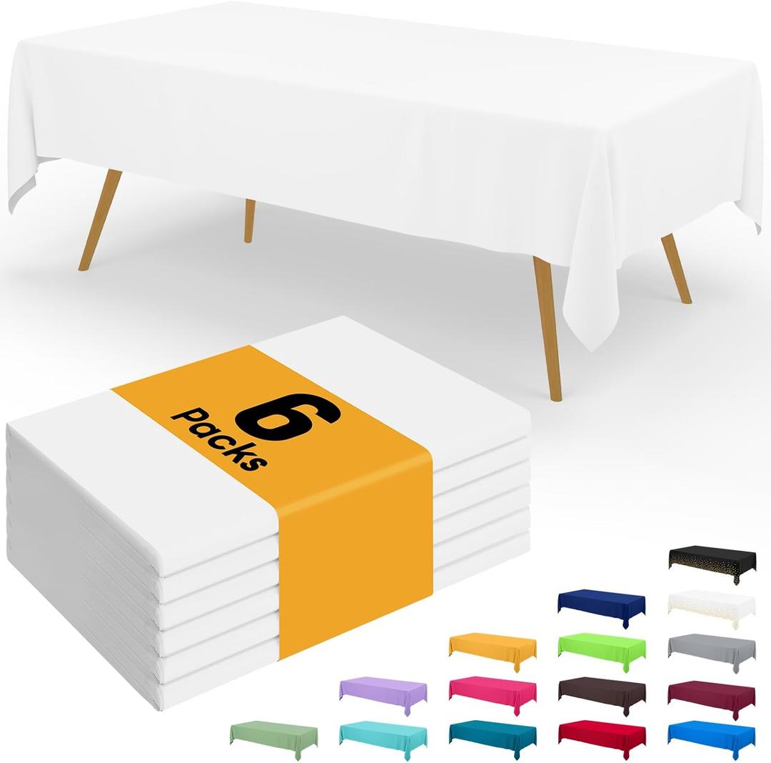 Smiry Disposable Table Cloth - 6 Pack, 54 x 72 Inch Waterproof Rectangle Tablecloths for Parties, Decorative Plastic Table Cover, Leakproof & Sturdy, White