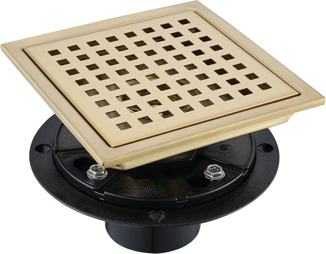 4 Inch Square Shower Floor Drain, Stainless Steel Black Shower Drain Kit with Flange, Floor Drain with Removable Grid Cover,Brushed Gold