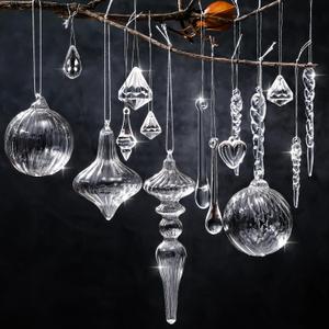 Civaner 32 Pcs Christmas Crystal Ornaments Hanging Clear Glass Plastic Hanging Decor Christmas Icicle Drop Crystal Ornaments for Xmas Tree Winter New Year Party Supplies(Clear)