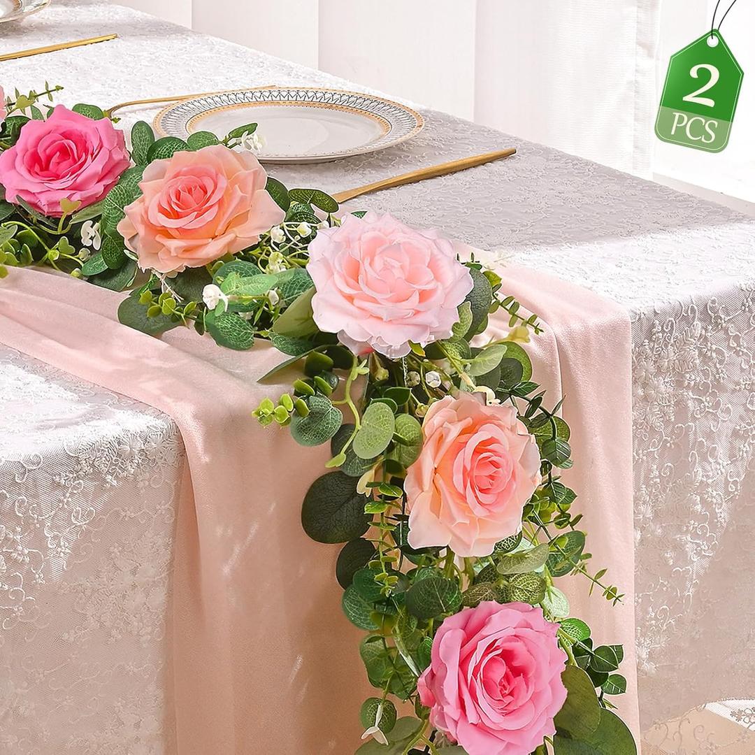 Livole 2Pcs 13 Ft Artificial Flower Garlands Real Touch Fake Floral Silk Pink Rose Garland Hanging Vine for Wedding Table Centerpieces Party Arch Ceremony Garlands Backdrop Decor
