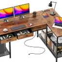 PRAISUN 55 Inch L Shaped Office Desk with Power Outlets and Type-C Port, Large Computer Gaming Desk with 3 Fabric Drawers, Mesh Shelves, Corner Study Work Writing Desk, Rustic Brown, 55.1inch