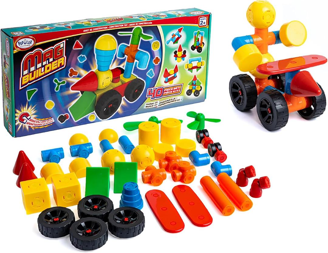 POPULAR PLAYTHINGS Mag Builder Building Set, Magnetic Vehicle Toy for Kids Imagination and Creative Play, Crazy Shapes Gift for Children - 40 Pieces