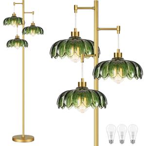 QIYIZM Glass Floor Lamp for Living Room,Bedroom,Mid Century Modern Standing Lamp Brass Tree 3 Light Tall Floor Lamps Vintage Retro Floor Lights Gold Green Flower Lamp Shade Farmhouse Boho Bohemian