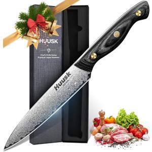 Huusk Damascus Kitchen Utility Knife, Japanes VG10 Small Chef Knife 5 inch with Ergonomic Wooden Handle, Versatile Knife for Vegetable Fruit Meat,Birthday Dad Mom Gift