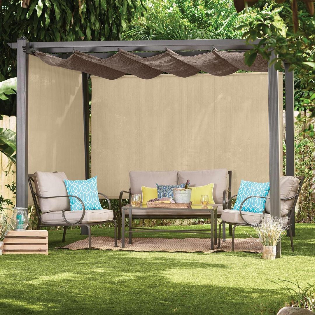 Coolaroo Outdoor Roller Shade with Wand - 80% UV Block Breathable Light Filtering Shade for Patio or Porch, Fade-Resistant, Mold-Resistant Easy-Clean Fabric, 8ft x 6ft, Sesame