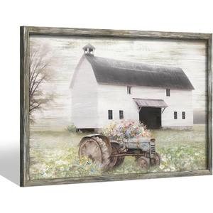 Farmhouse Framed Wooden Wall Art: Rustic Country Barn Painting Picture Old Tractor with Flowers Print Vintage Countryside Farm Landscape Artwork Decor for Kitchen Bedroom Living Room (24L" x 16W", Farmhouse Theme 01)