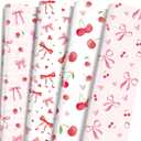 Coquettte Cherries Bow Wrapping Paper - 12 Sheet Chery Bows Tie Ribbon Gift Wrap, Sweet Cute Pink and Red Wrappaper for Women Girls Birthday Baby Shower Bachelorette DIY Crafts, 19.7 x 27.5 Inch
