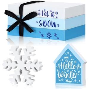 Blulu 5 Pcs Snowflake Table Decoration Hello Winter Tiered Tray Decor Let It Snow Wood Sign Blue White Farmhouse Faux Books Bundle Winter Wonderland Centerpieces for Home Shelf Kitchen Bathroom Decor