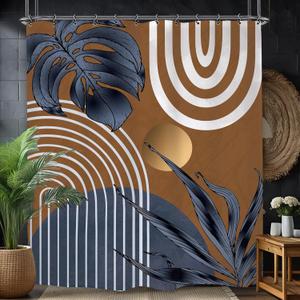 Abstract Navy Blue Brown Bathroom Shower Curtain 60W by 71H Inch Modern Minimalist Mid Century Plant Leaves Aesthetic Neutral Vintage Contemporary 12 Plastic Hooks Waterproof Decor