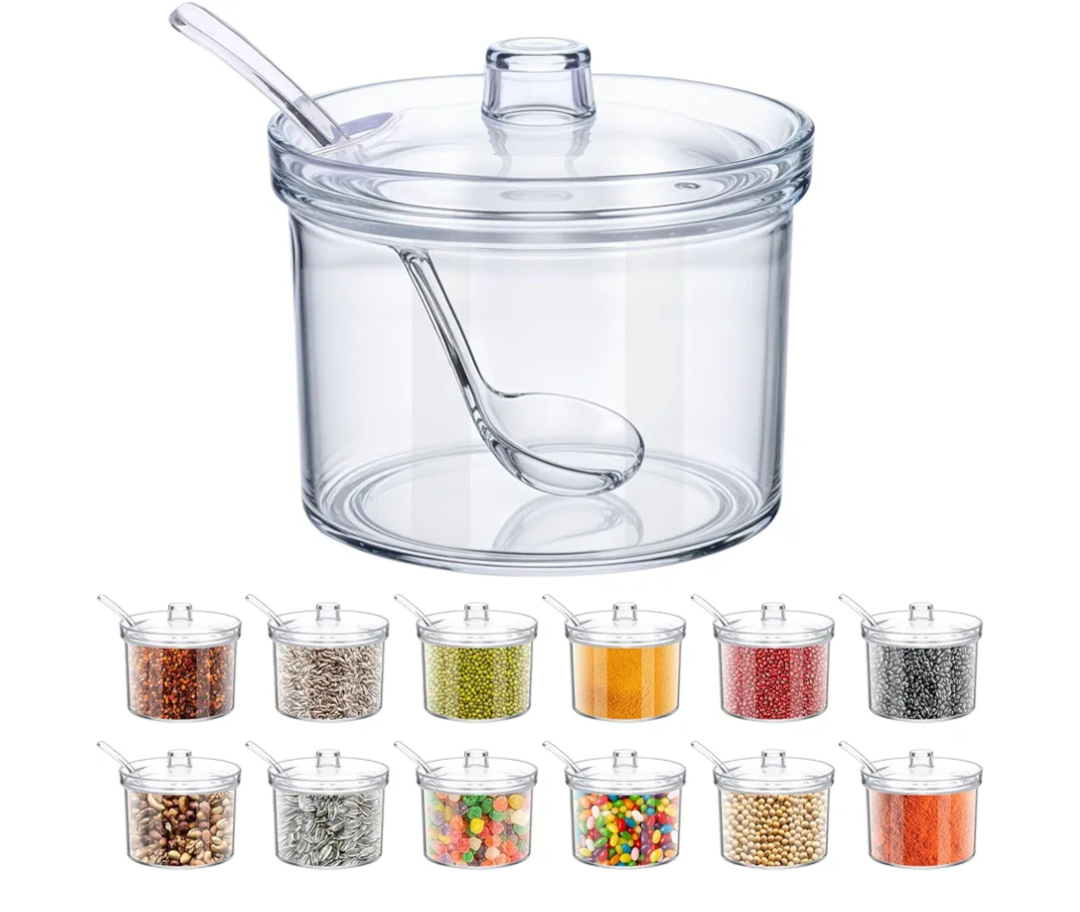 12 Pieces Acrylic Sugar Containers with Lids and Spoons for Countertop, Clear Sugar Holder Dispenser Salt Bowl for Serving Condiment Candy Coffee Tea Spices (7.1 oz)