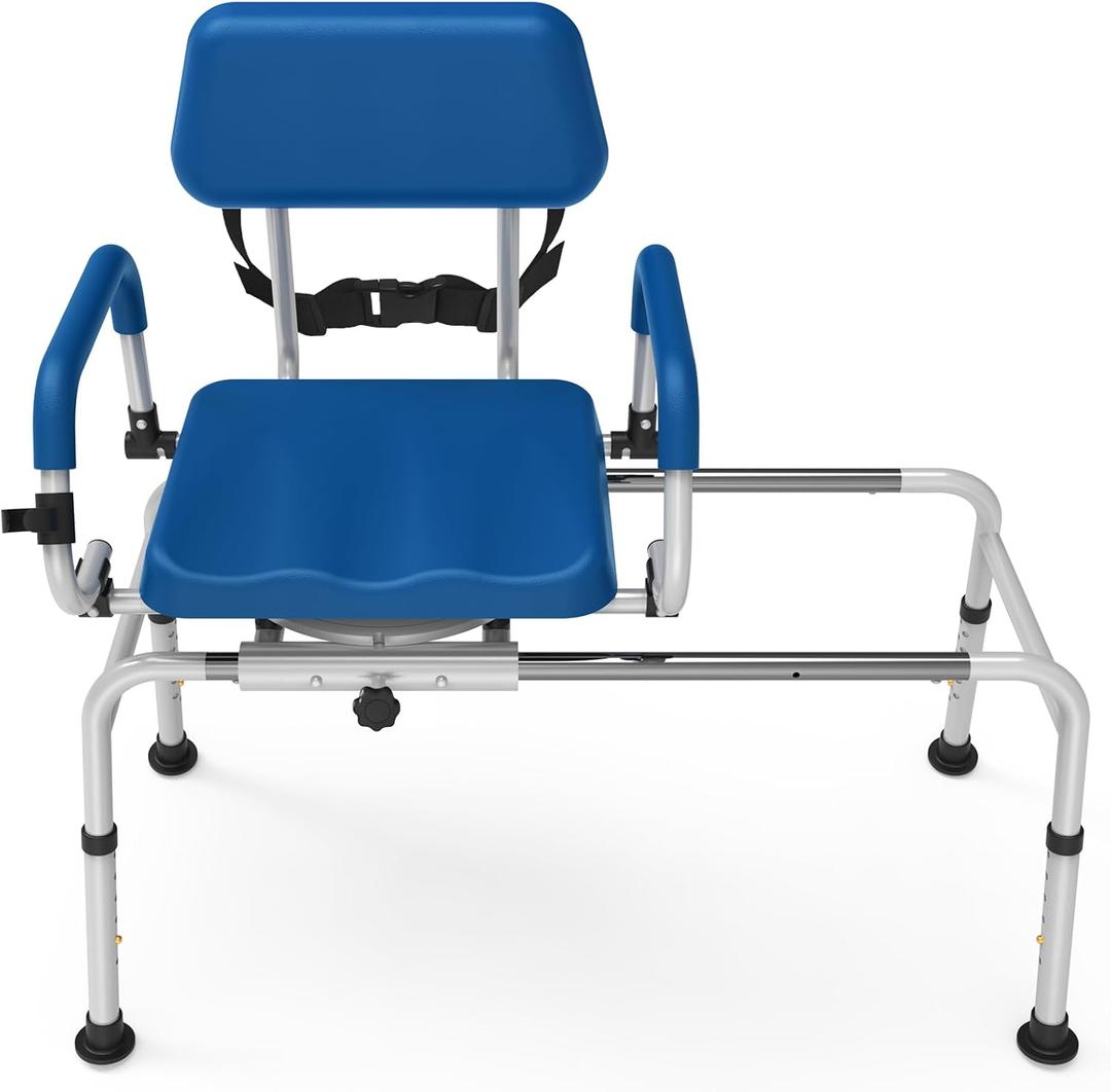 FSA/HSA Eligible Sliding Shower Chair Tub Transfer Bench for Bathtub with Swivel Seat, Padded Shower Bench with Pivoting Arms, Height Adjustable Shower Seat, 350 lbs, Blue, Larger