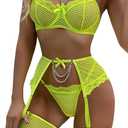 Aranmei Women’s Sexy Eyelash Fishnet Lingerie Set Chain Babydoll Underwire Bra and Panty Sets with Garter Belt 4 Pieces XL