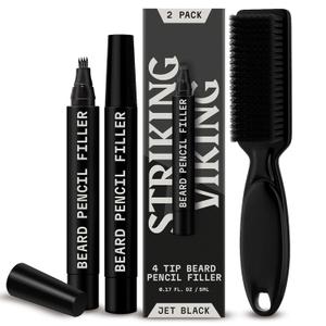 Striking Viking Beard Pencil Filler - Jet Black, 2-Pack with Soft Bristle Brush - Barber Pencil Tip for Gap Repair - Realistic Hair Strokes with Beard Pen - Waterproof All-Day Wear with Pen Filler