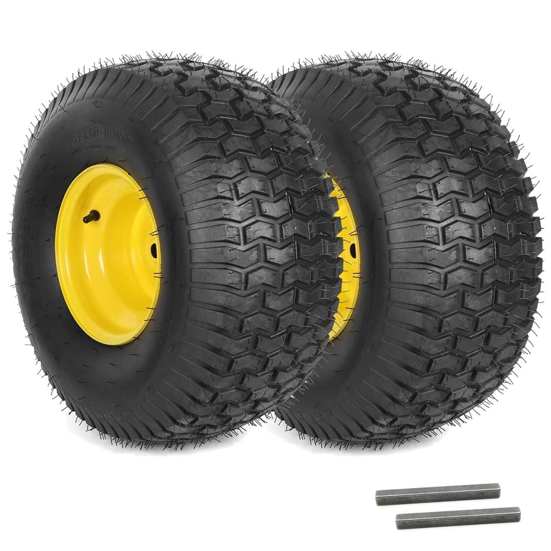 (2-Pack) 20x8.00-8 Rear Tire and Wheel Assemblies - 4 Ply Tubeless Tire Compatible Replacement for Riding Lawn Mowers - 3/4" Borehole, 3.5" Offset Hub and 3/16" Keyway