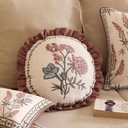 Design Linen Vintage Throw Pillow Covers Diameter 16" Pack of 2, Round Cushion Covers with Blue Pink Flowers Green Leaves Pattern Decoration Pillowcases for Bed,Living Room,Outdoor,Car
